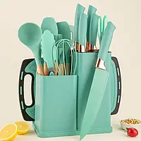 Кухонні речі на підставці 19 штук аксесуари із силікону з бамбуковою ручкою Бірюзовий