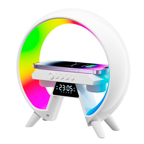 Акумуляторний нічник XM-X63 RGB з годинником, бездротовою зарядкою та Bluetooth колонкою (Білий)
