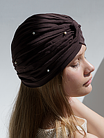 Чалма жіноча літня зі стрейч бавовни з натуральними перлинами D.Hats Коричневий