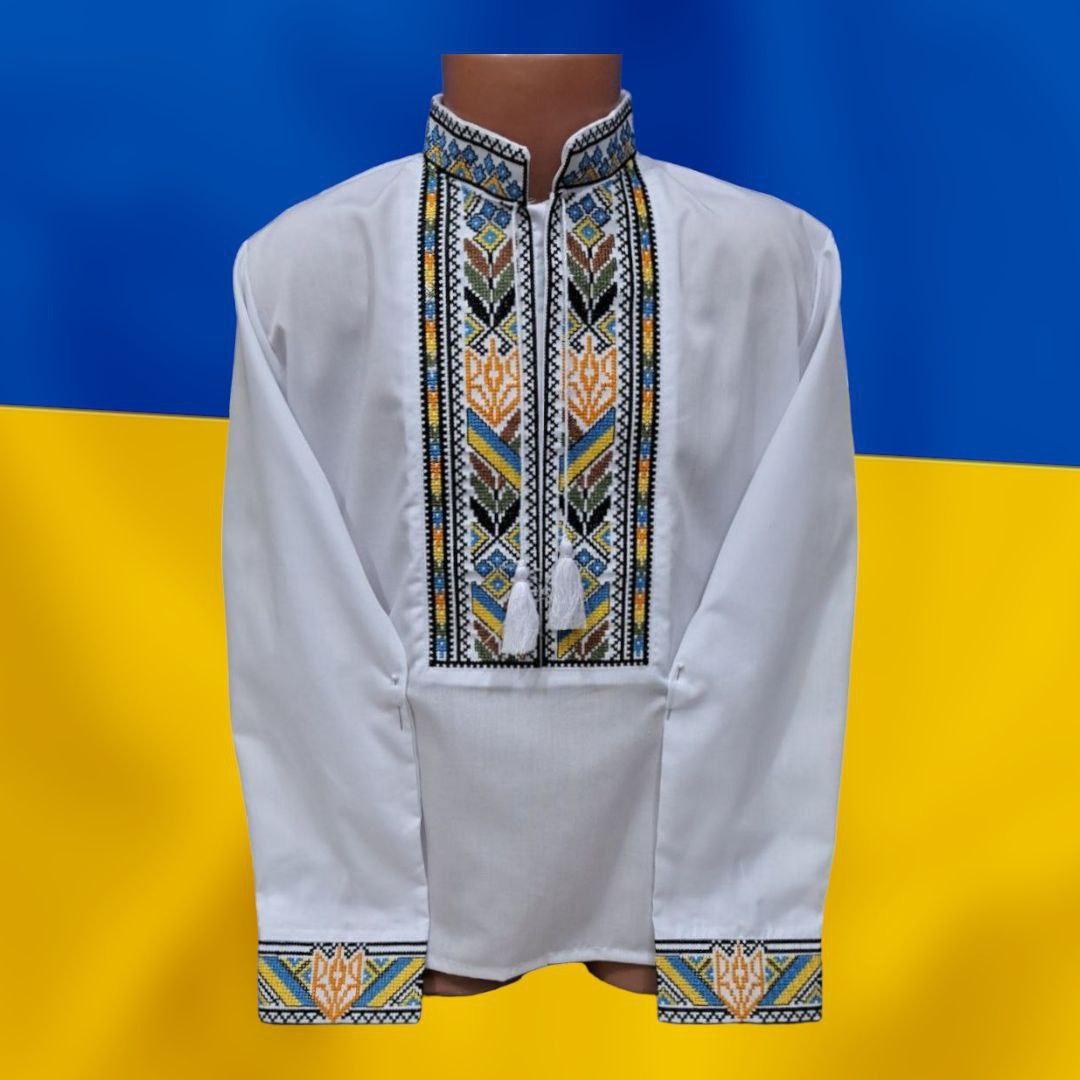 Опт Вишиванка для хлопчиків з гербом р. 6-12, жовто-блакитний