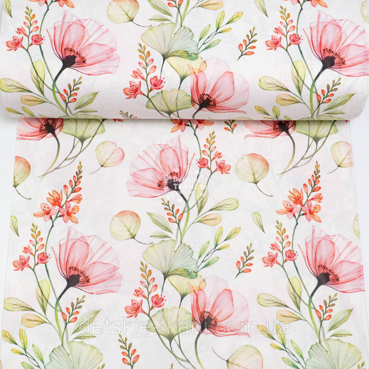 Ранфорс digital з цифровим друком "Рожеві маки, фрезія і салатове листя", №5156, фото 1