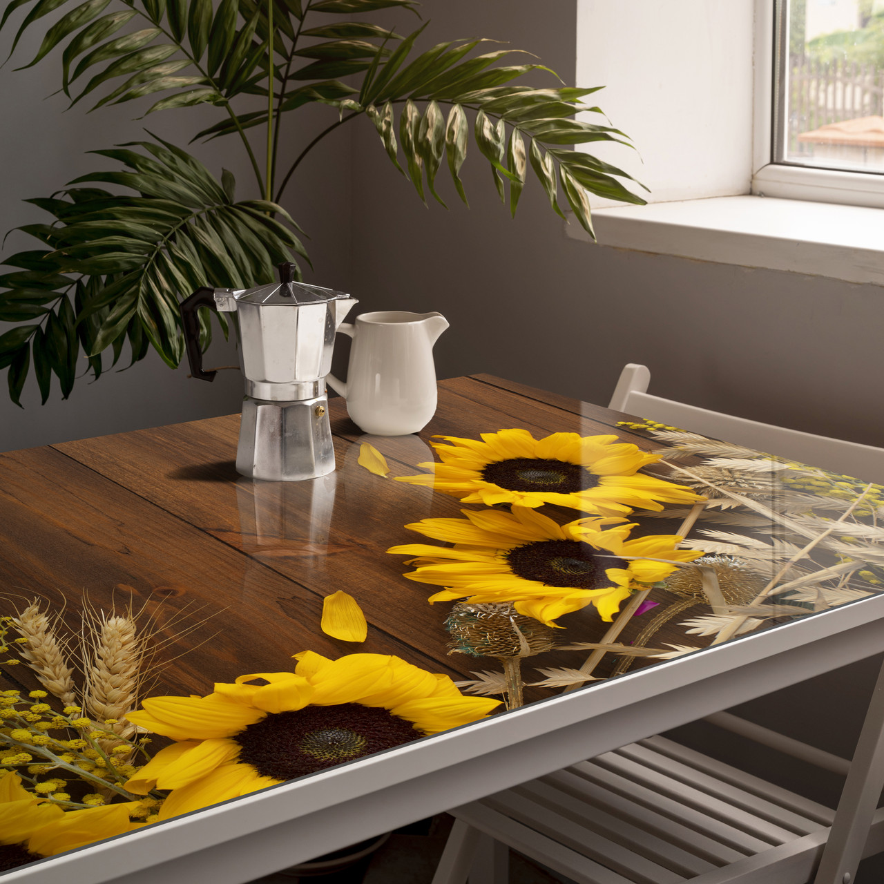 Покриття для столу, м'яке скло з фотодруком, Соняшники на дерев'яному столі 60 х 100 см (1,2 мм) МСПБ-tx379