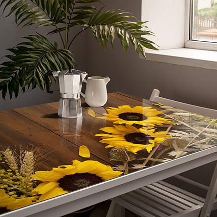 Покриття для столу, м'яке скло з фотодруком, Соняшники на дерев'яному столі 60 х 100 см (1,2 мм) МСПБ-tx379, фото 1