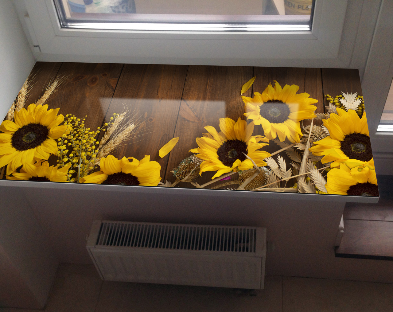 Покриття для підвіконня, м'яке скло з фотодруком Соняшники на дерев'яних дошках, 35 х 100 см, ПО-tx379