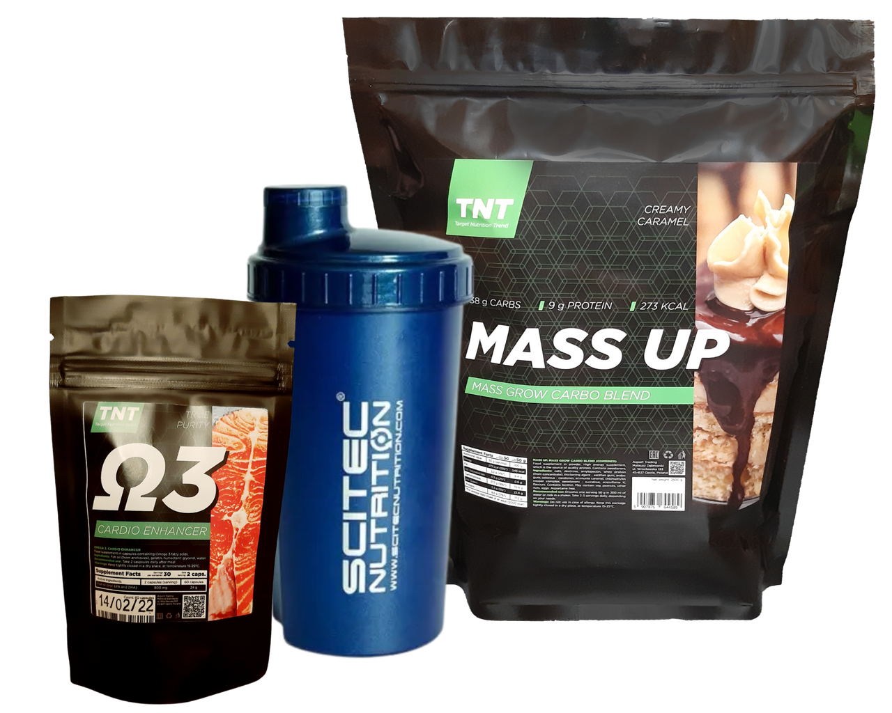 Потужний набір маси TNT Nutrition: Гейнер Mass Up 2,5 кг смак карамель + Омега-3 + Шейкер, фото 1