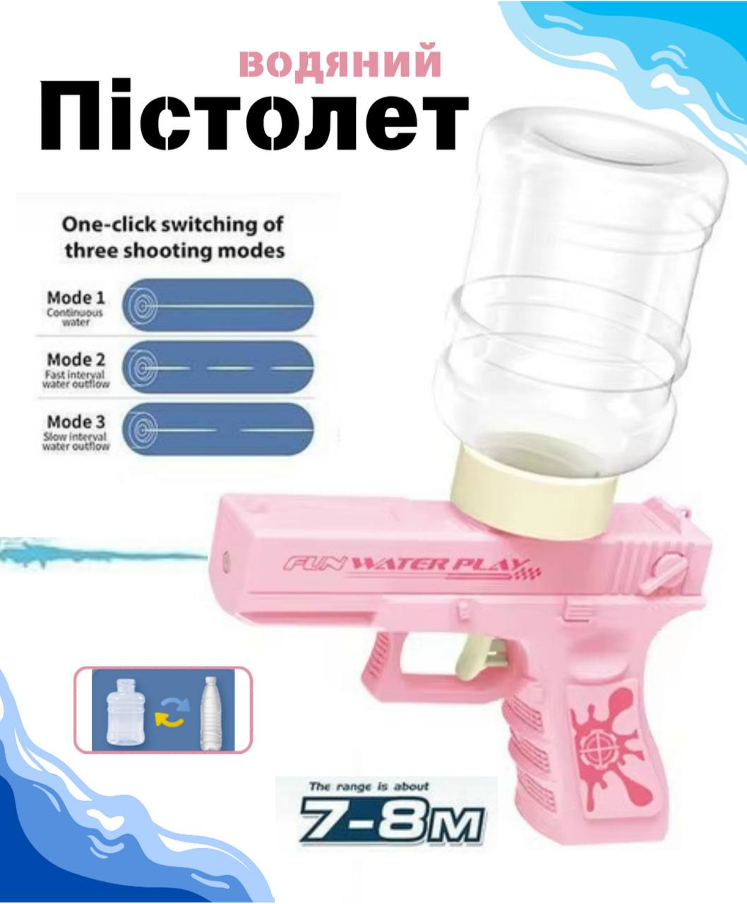 Водяний пістолет акумуляторний "Водні ігри" Х 7 Рожевий з 3 режимами, фото 1