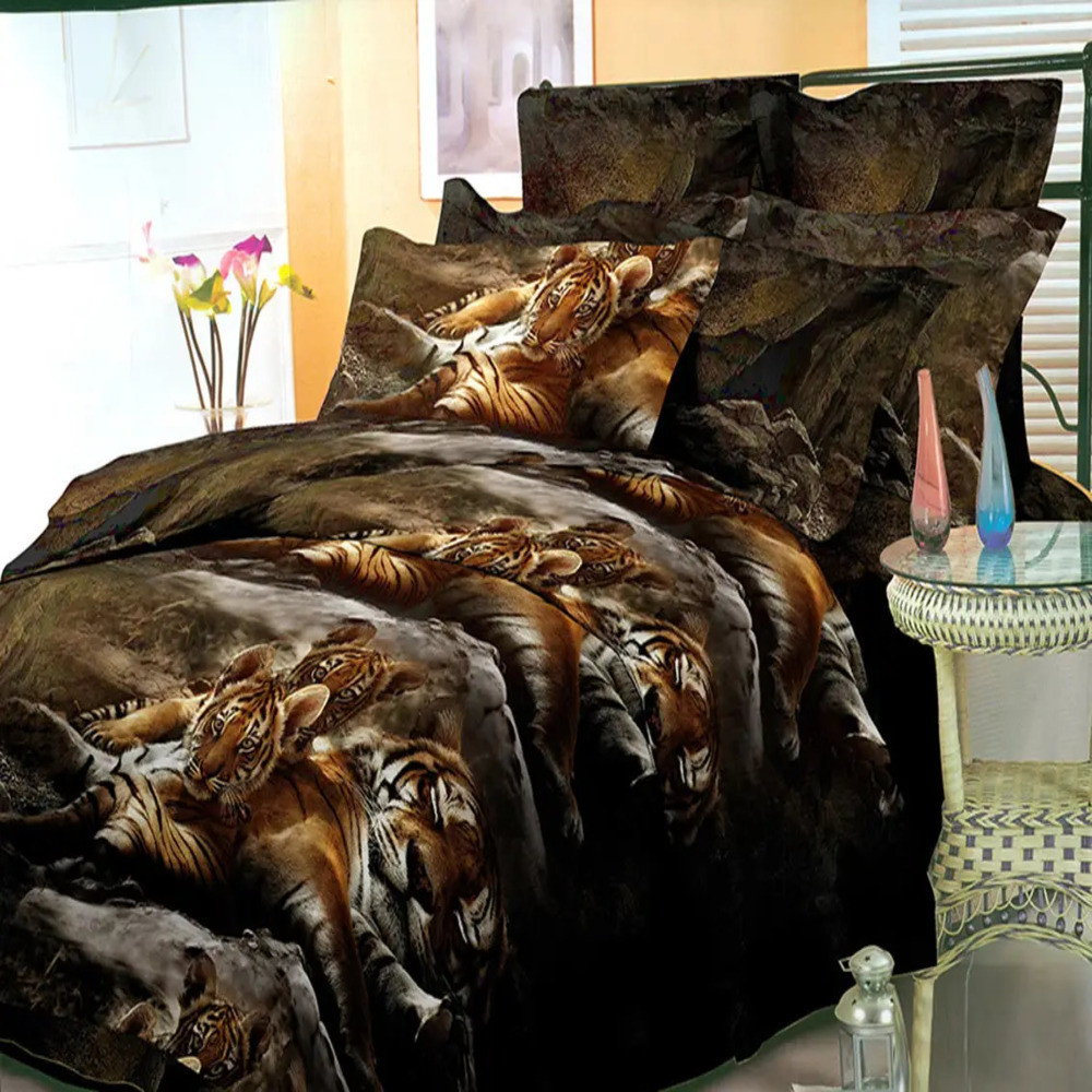 Євро комплект постільної білизни з тиграми 200*220 (10936) Бязь бавовна поліестер, фото 1