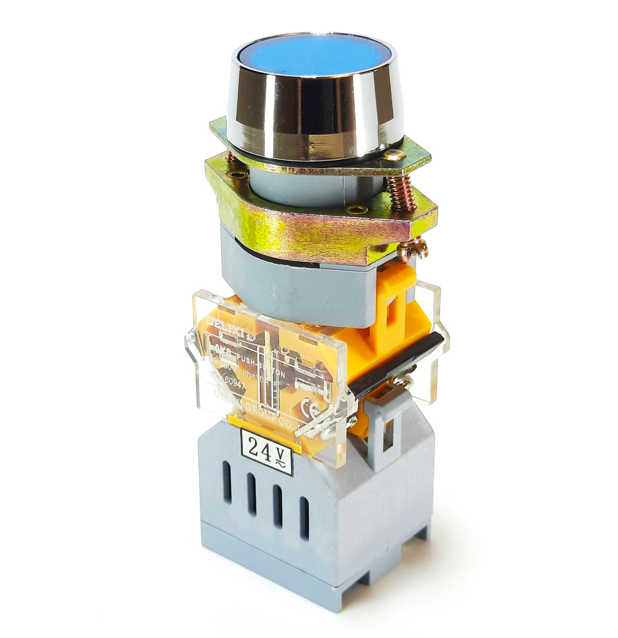 Кнопка керування з синьою підсвіткою 24V AC/DC, 1НВ+1НЗ контакт 10А