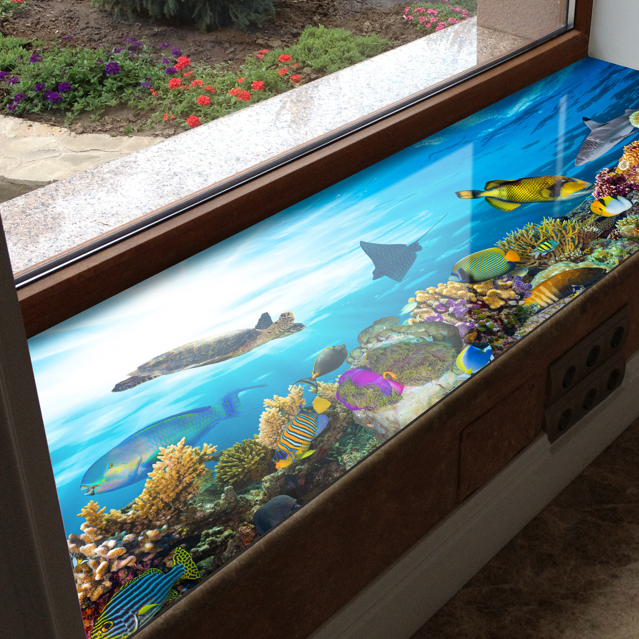 Покриття для підвіконня, м'яке скло з фотодруком Підводний світ, 35 х 100 см, ПО-tx411