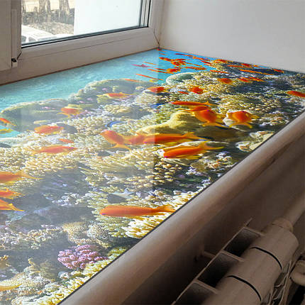 Покриття для підвіконня, м'яке скло з фотодруком Зграя золотих рибок, 35 х 100 см, ПО-tx414, фото 1