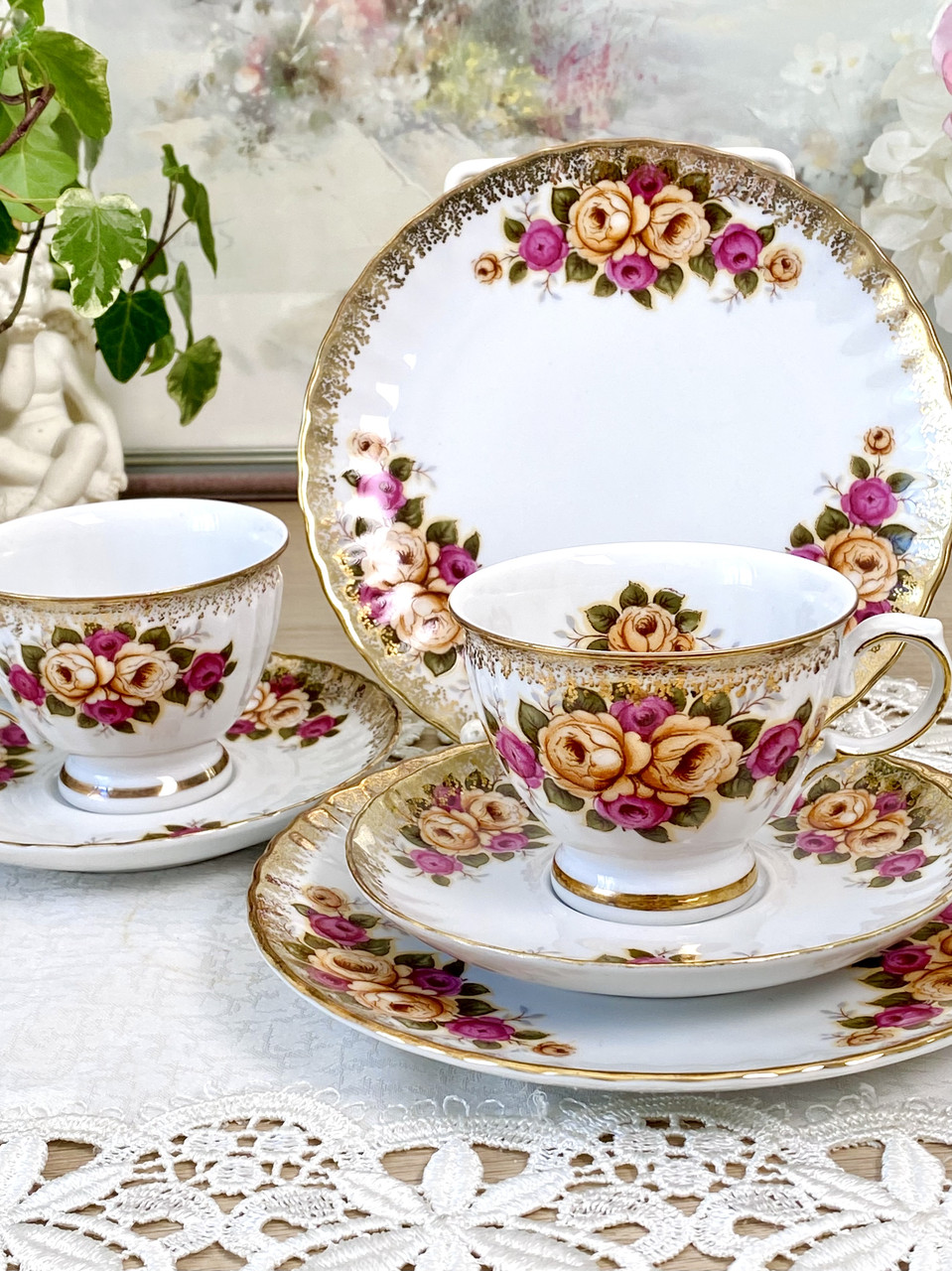 Німецька чайна трійка, чайна чашка, блюдце, тарілка, Gebrüder Winterling A.G, Німеччина, порцеляна, позолота, фото 1