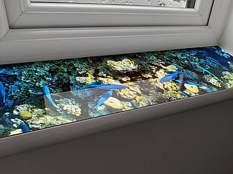 Покриття для підвіконня, м'яке скло з фотодруком Сині риби над кораловими рифами, 35 х 100 см, ПО-tx417