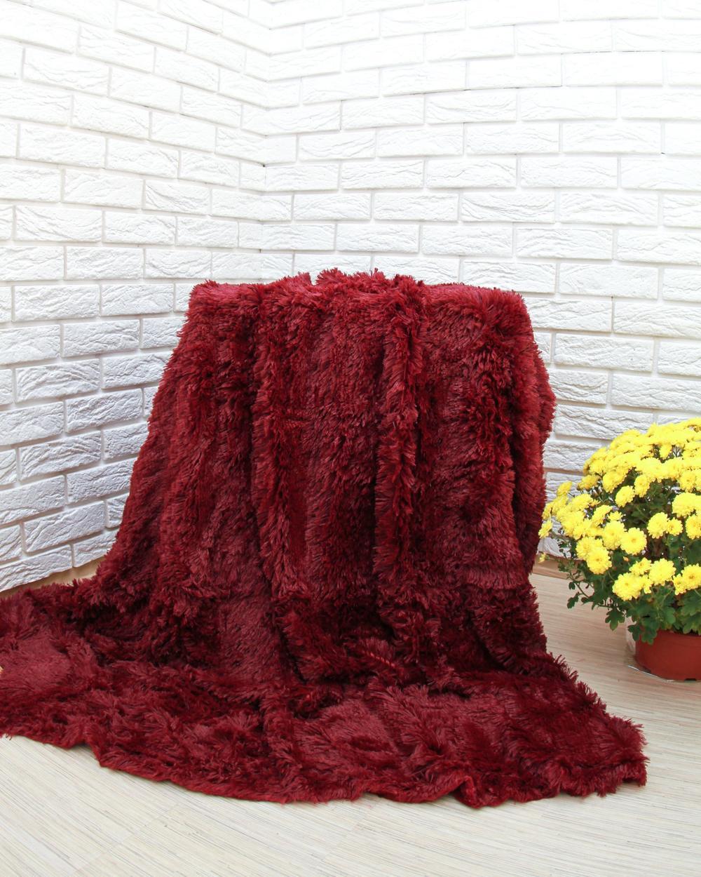 Хутряний плед-покривало травка Євро розміру 220/240 см. колір Бордовий, фото 1