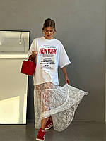 Трендовая женская юбка макси свободного кроя прозрачная с красивым кружевом черная белая 42-46