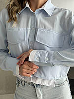 Трендовая модная женская рубашка катонновая голубая с длинным рукавом на пуговицах на каждый день и в офис