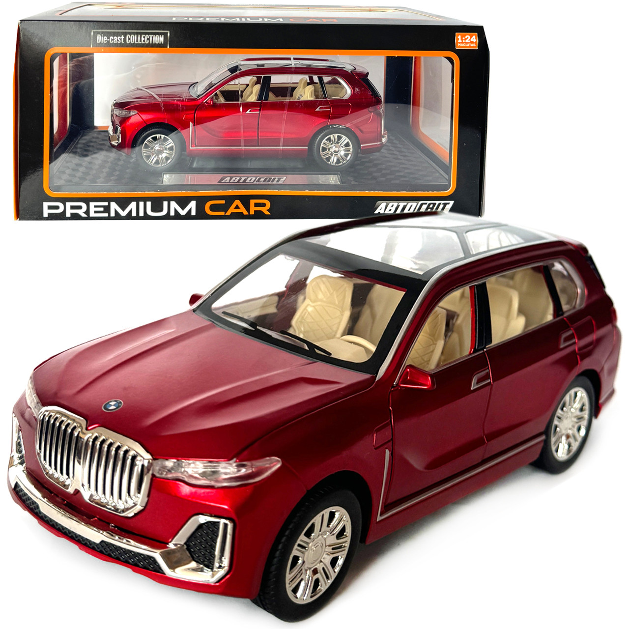 Машинка металева BMW X7 БМВ червона 1:24 світло звук відкриваються двері баг капот резинові колеса 19*7,5*8см (AP-1843), фото 1