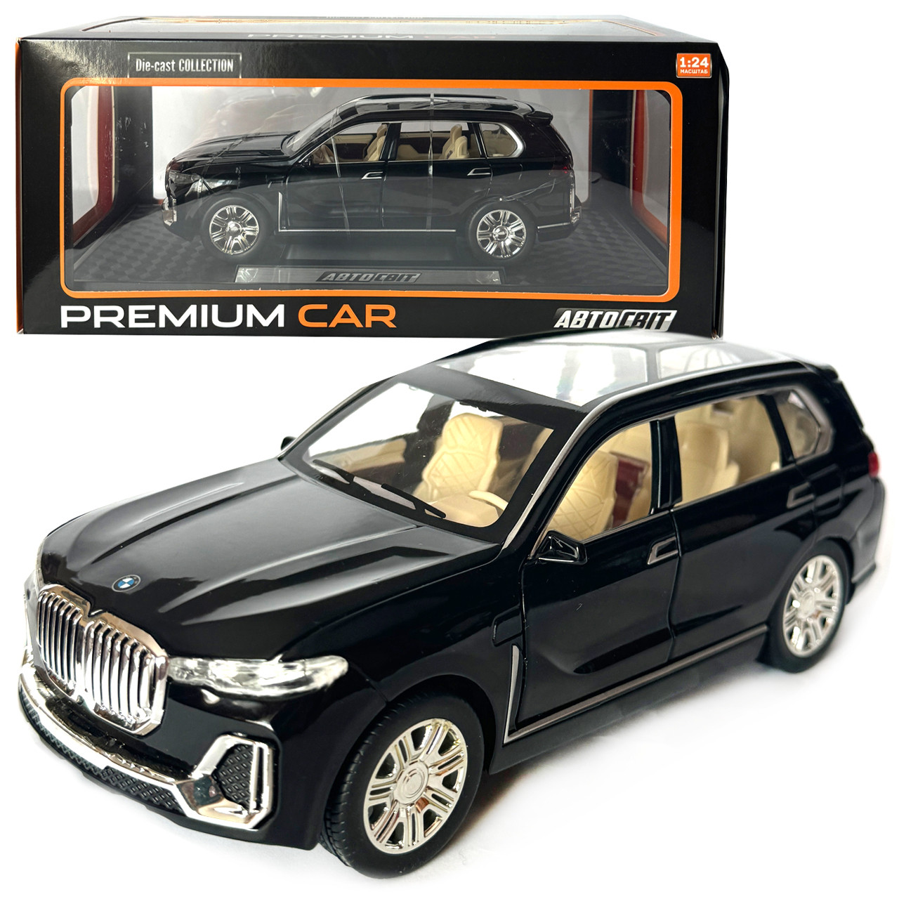 Машинка металева BMW X7 БМВ чорна 1:24 світло звук відкриваються двері баг капот резинові колеса 19*7,5*8см (AP-1843)