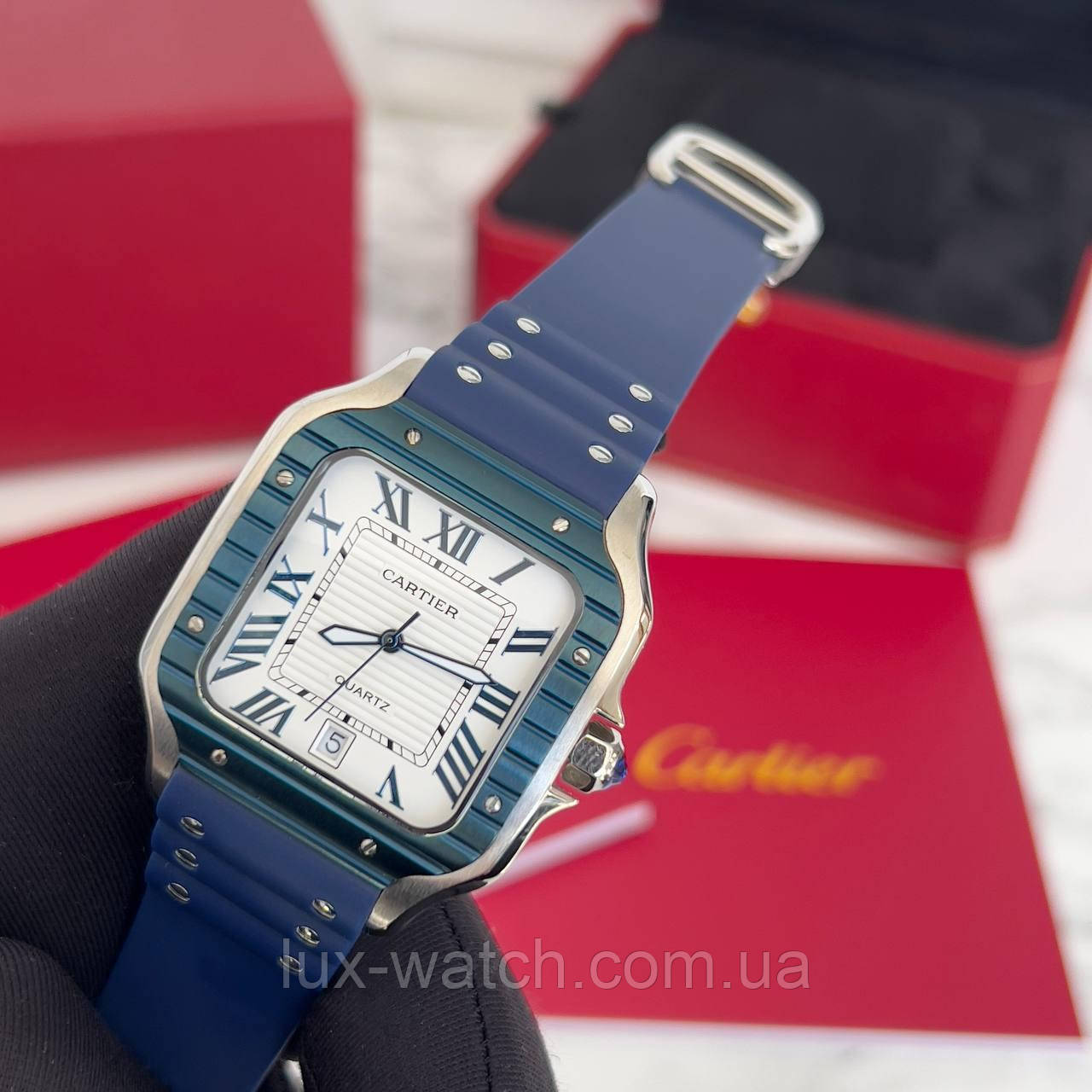 Годинник наручний Cartier Santos Silver/White-Blue