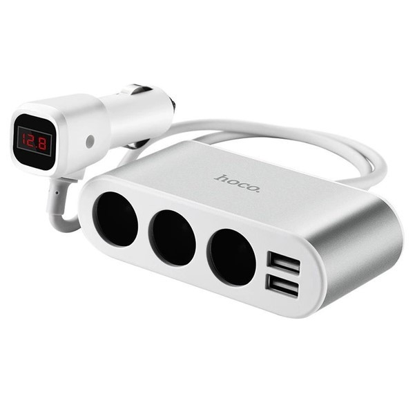 Адаптер автомобільний Hoco with LCD 3 in one Z13 |2USB, 2.1A| сріблястий
