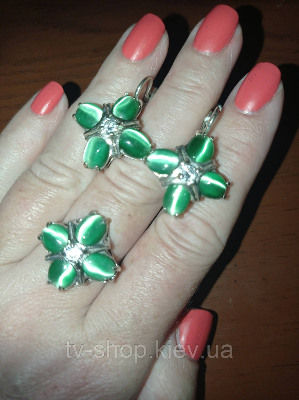 Комплект зі срібла сережки + кільце, вставка зелений улексит,р.18, фото 1