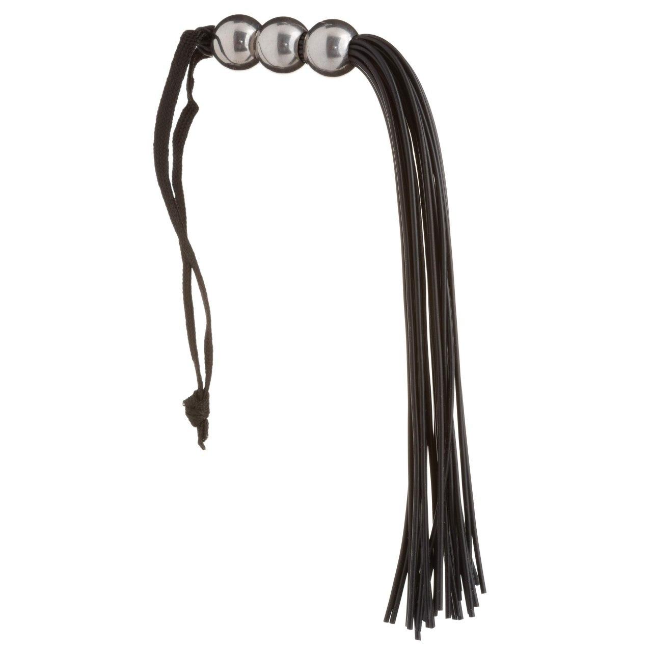 Флоггер (плетка) чорний зі щільною локшиною та трьома металевими кулями 19 см, фото 1