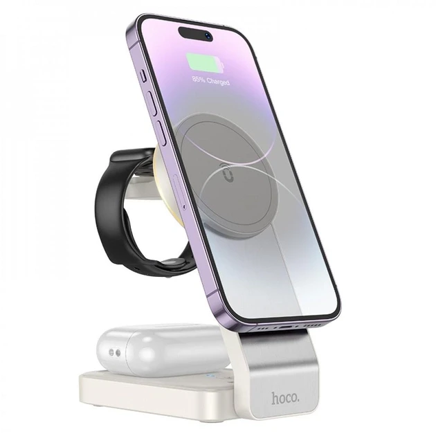 Бездротова зарядна станція 3 в 1 Hoco CQ3 15W для iPhone 12-15/AirPods/Apple Watch | MagSafe | Fast Charger | Milky White |