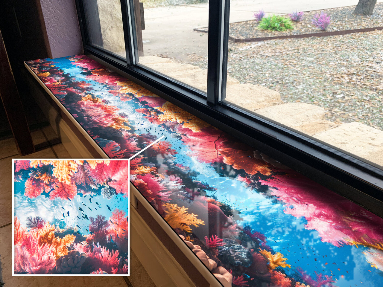 Покриття для підвіконня, м'яке скло з фотодруком Коралові рифи, 35 х 100 см, ПО-tx419