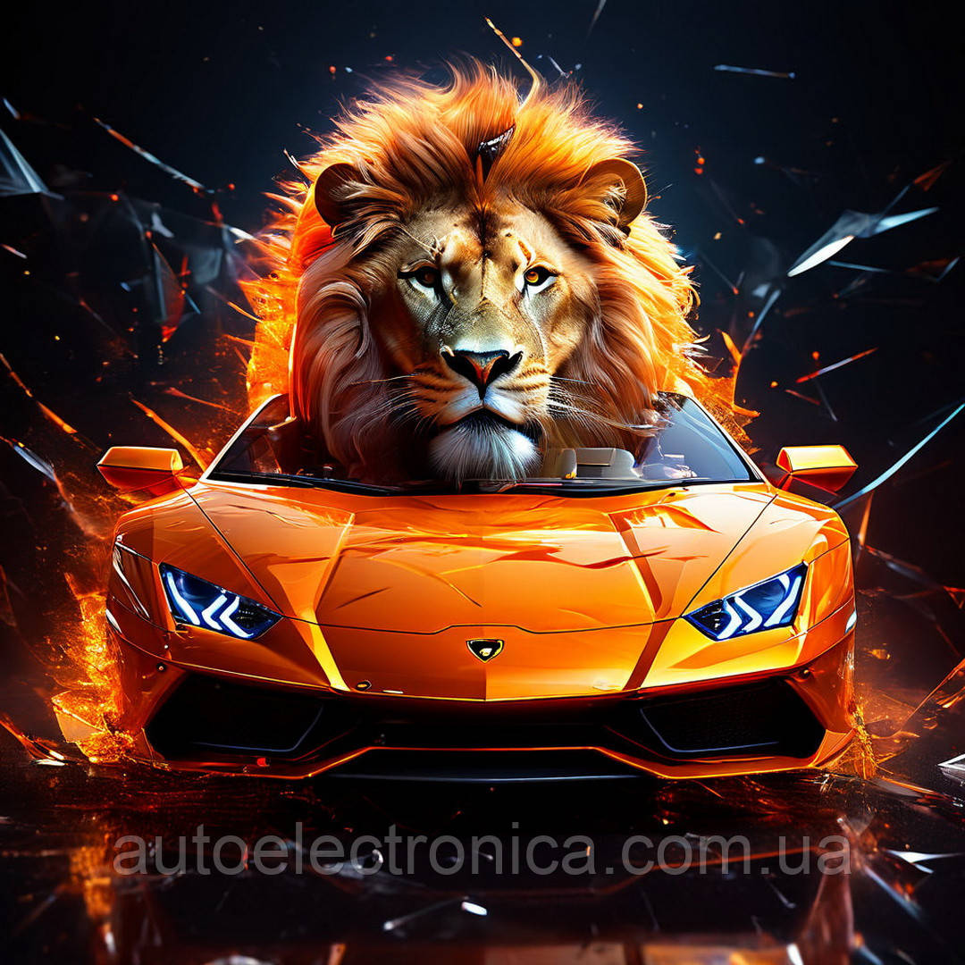Картина на полотні "Lion and Orange Lamborghini" | CAL.1.1, фото 1