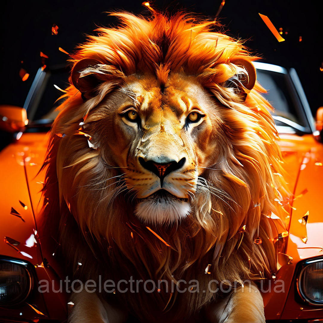 Картина на полотні "Lion and Orange Car" | CAL.1.2