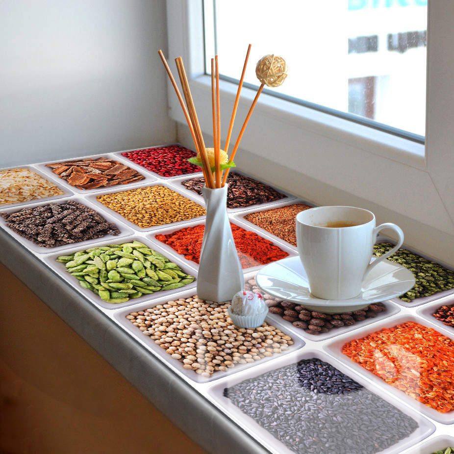 Покриття для підвіконня, м'яке скло з фотодруком Спеції у білих піалах, 35 х 100 см, ПО-tx402