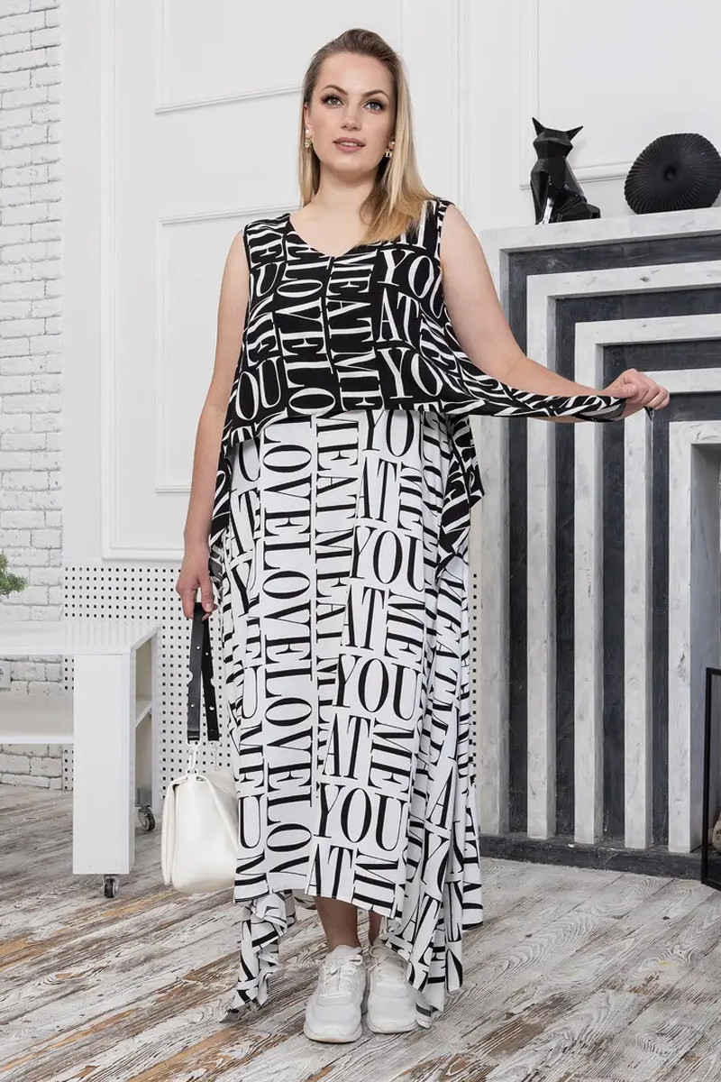 Жіноче плаття батал великі розміри 50-60 літнє без рукавів вільне біло-чорне