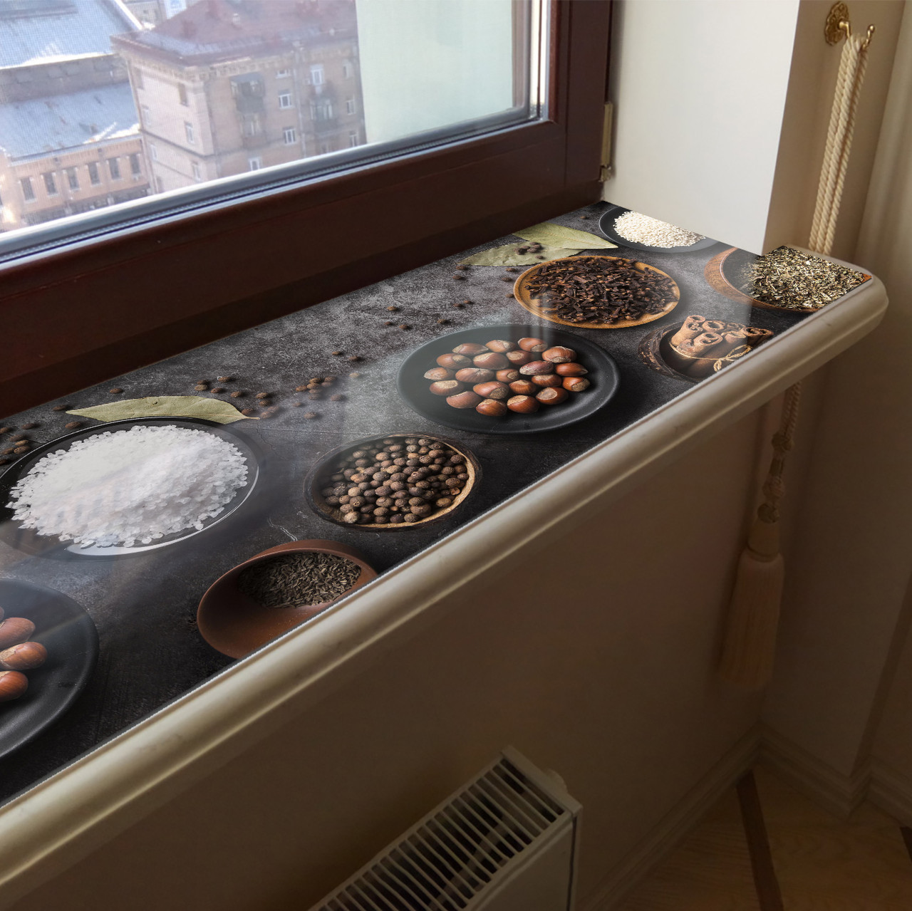 Покриття для підвіконня, м'яке скло з фотодруком Приправи на сірому потертому фоні, 35 х 100 см, ПО-tx405