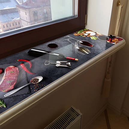 Покриття для підвіконня, м'яке скло з фотодруком, Вино з м'ясною нарізкою, 35 х 100 см, ПО-tx406, фото 1