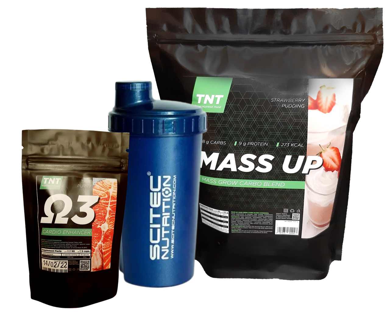 Комплекс для атлетів TNT Nutrition: Гейнер Mass Up 2,5 кг смак полуничний пудинг + Омега-3 + Шейкер, фото 1