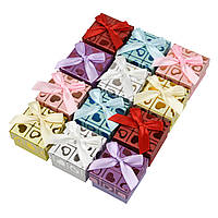 Коробочка квадратна картонна сердечка з бантом під кільце розмір 50Х50Х35 мм 24 штук в пакованні мікс кольорів