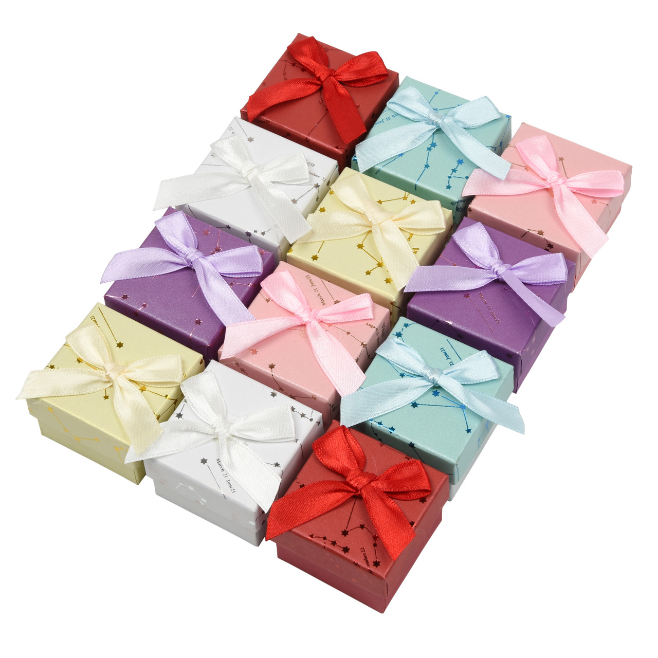 Коробочка квадратна картонна сузір'я з бантом під кільце розмір 50Х50Х35 мм 24 штук в пакованні мікс кольорів - фото 1 - id-p2228980634