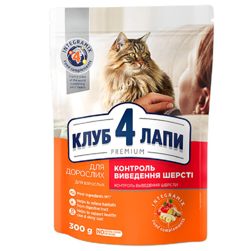 Сухий корм для дорослих котів Adult Cats Hairball Control для виведення шерсті 300 г Клуб 4 лапи