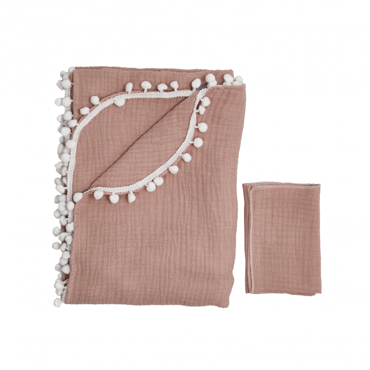 Плед Twins мусліновий 100х100 4-х шаровий з помпонами+серветка, Beige, фото 1