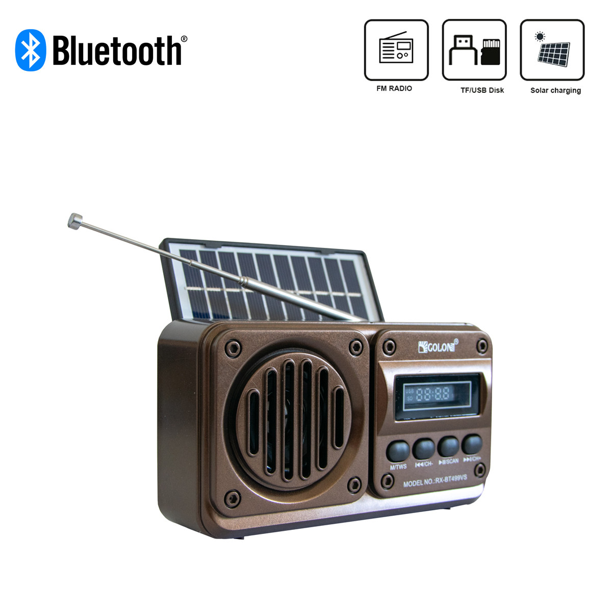 Міні радіо ФМ Golon RX-499VS FM/USB/TF Коричневий, портативний радіоприймач із сонячною підзарядкою