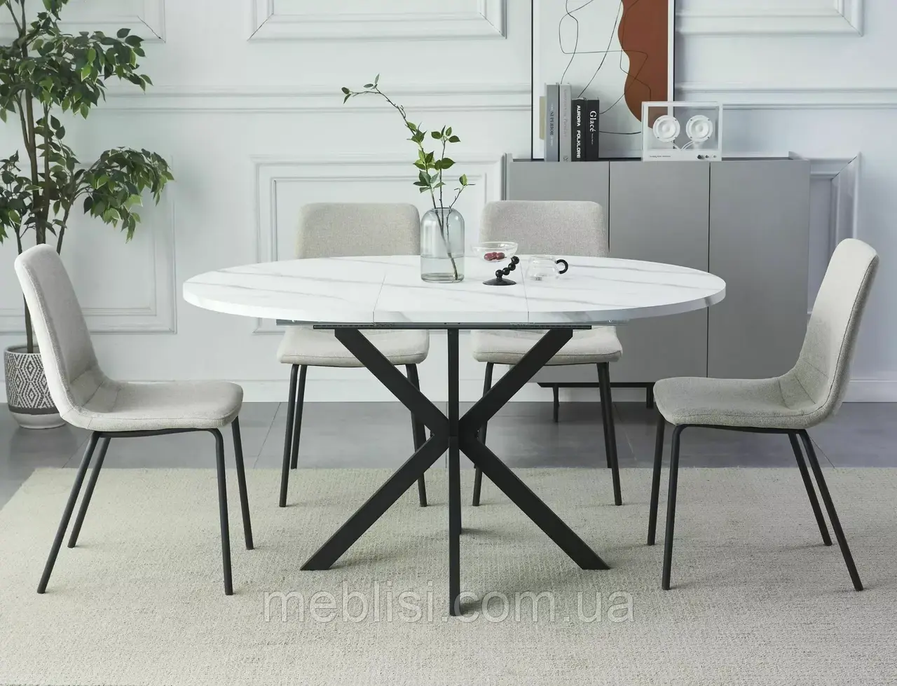 Білий круглий стіл 100 GASTON 100(135)/76 (білий ефект мрамору/ніжки чорні) (Signal)