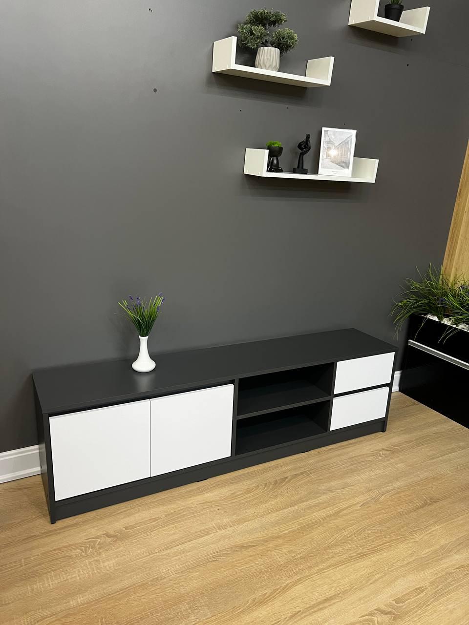 Тумба під телевізор 160 см сірий з білим фасадом з ящиками та полицями, фото 1
