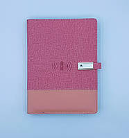 Блокнот з бездротовою зарядкою Universal щоденник з флешкою 16 Гб Powerbank Рожевий (тканина)