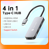 Концентратор адаптер хаб Hub NOVOO USB C, Type-C 4-в-1 з HDMI 4K, PD, USB 3.0
