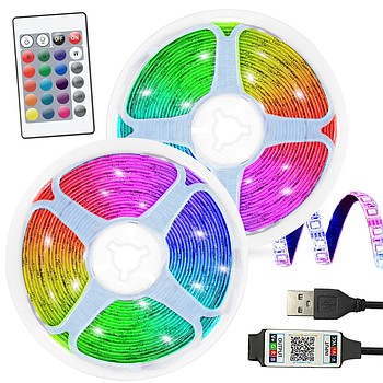 Комплект 2шт Світлодіодна LED стрічка 5м, від USB + пульт / Багатокольорова стрічка для інтер'єру / RGB підсвічування