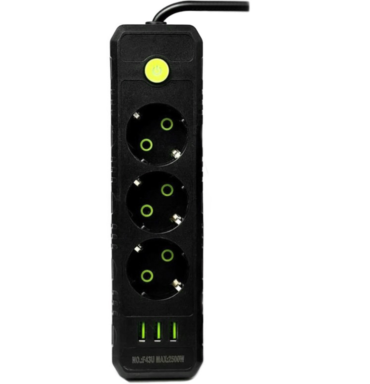 Подовжувач UA Power F43U 3USB на 3 розетки, 4 м, чорний, фото 1