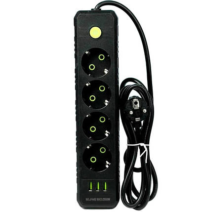 Подовжувач UA Power F44U 3USB на 4 розетки, 4 м, чорний, фото 1