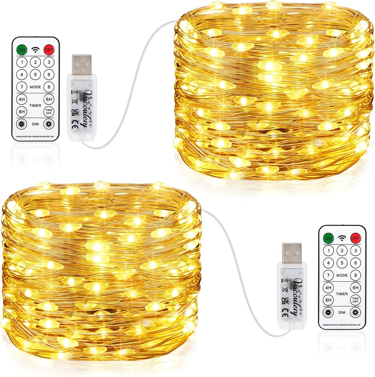 Гірлянда Vacoulery Набір з 4 казкових вогнів, 15M 150 світлодіодний таймер 8 режимів USB-фейки з дистанційним керуванням, фото 1