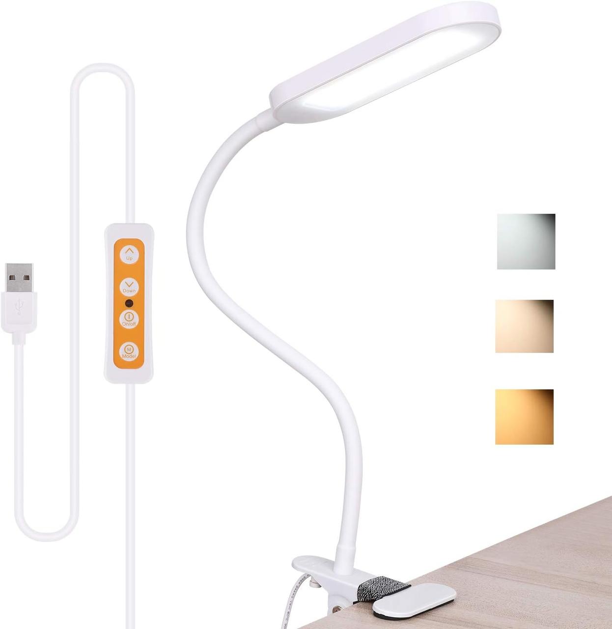 Гнучка світлодіодна лампа для читання, регульоване затискне світло з 3 колірною температурою, регульована яскравість, фото 1