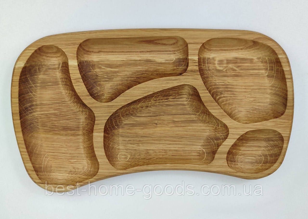 Дерев’яна менажниця з 5 відсіками 32×18×2.5 см – натуральне дерево дуб, екологічний піднос для подачі страв, фото 1