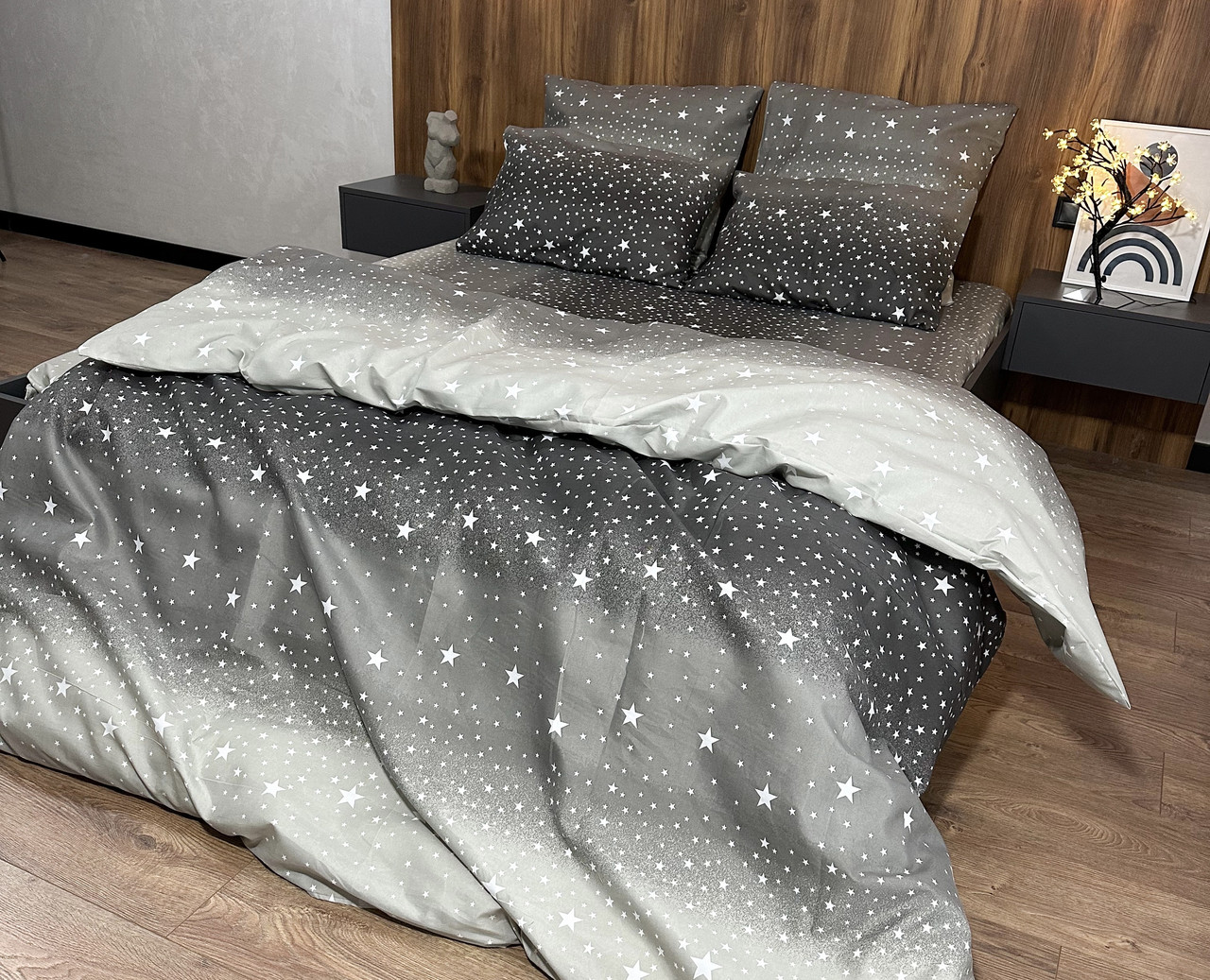 Полуторний комплект постільної білизни стандартний, принт: Зорі сірі